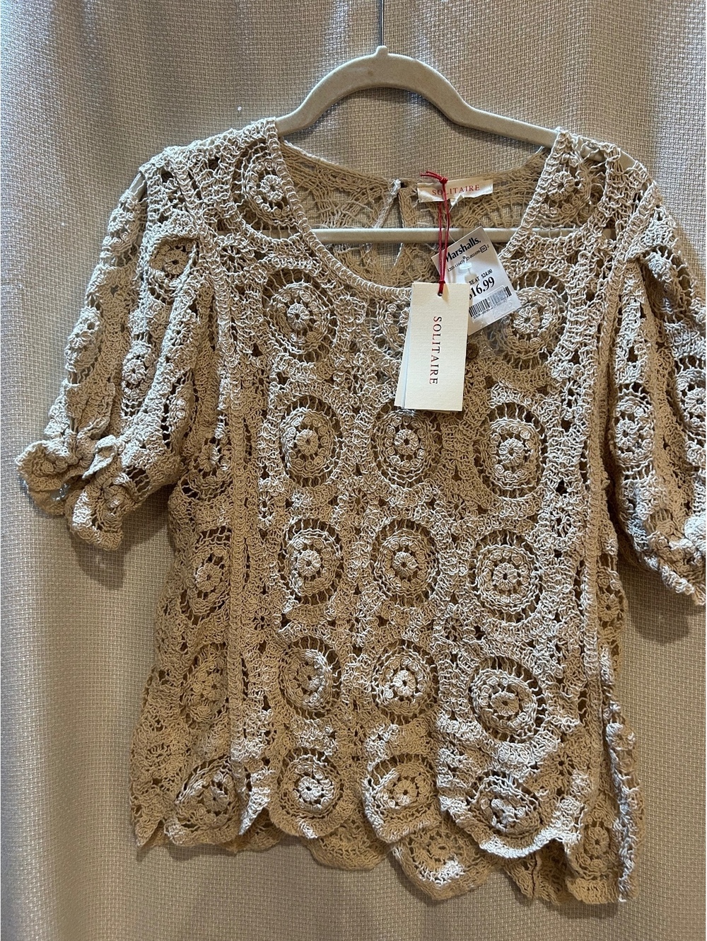 Solitaire Beige Crochet Lace Puff Sleeve Top Size Large Cotton Blend